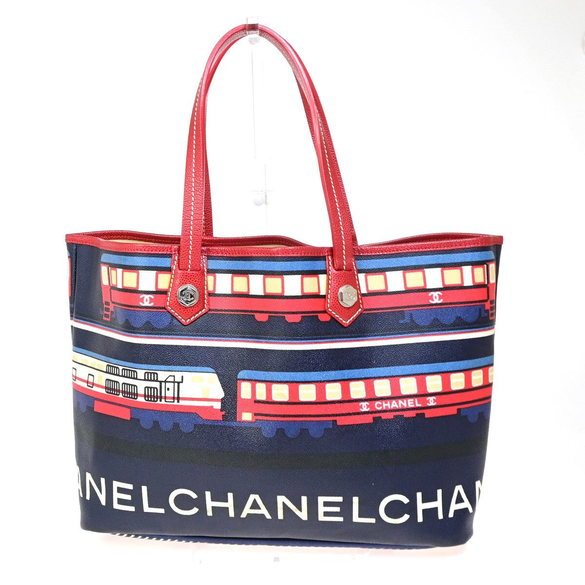 Chanel Le Train Tote Printed Coated Canvas, NAVY, CANVAS, Tote bag