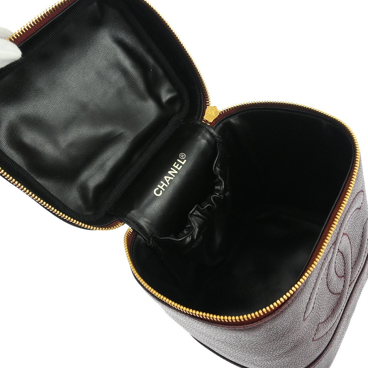 Chanel Vintage Timeless Cosmetic Case Caviar, BURGUNDY, LEATHER, Handbag