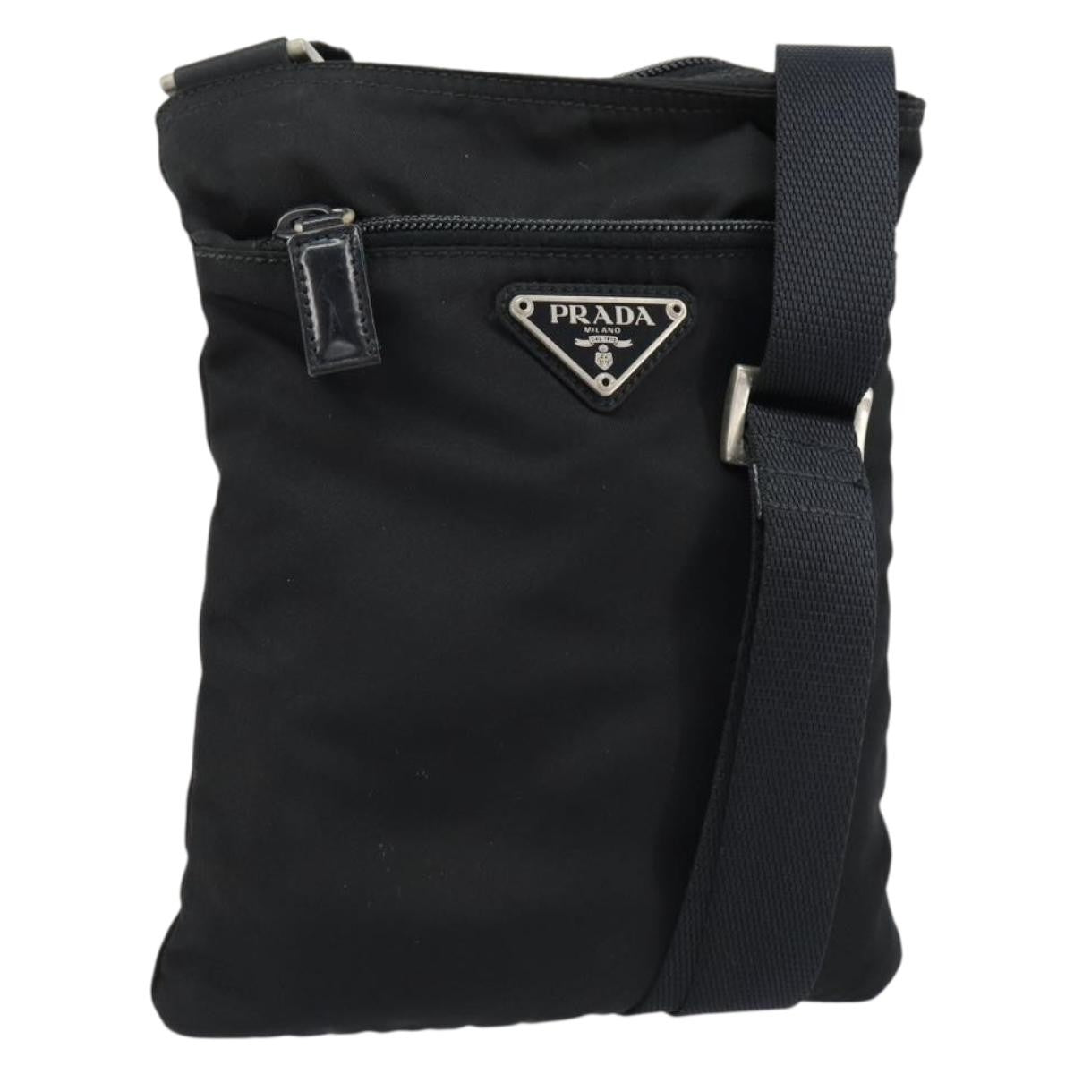 Prada Front Zip Convertible Flat Messenger Tessuto with Leather, BLACK, NYLON, Shoulder bag