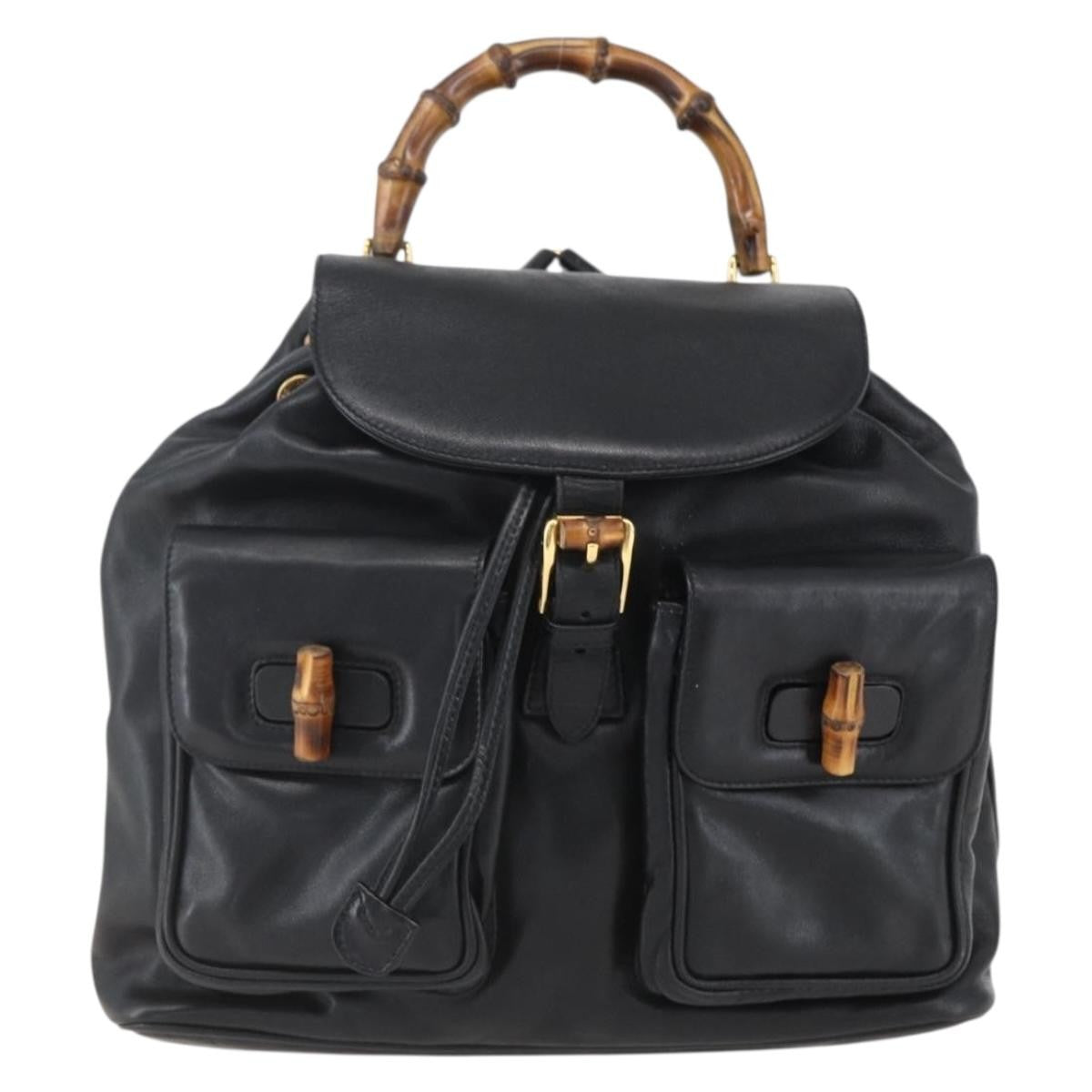 Gucci Vintage Bamboo Backpack Leather, BLACK, LEATHER, Backpack
