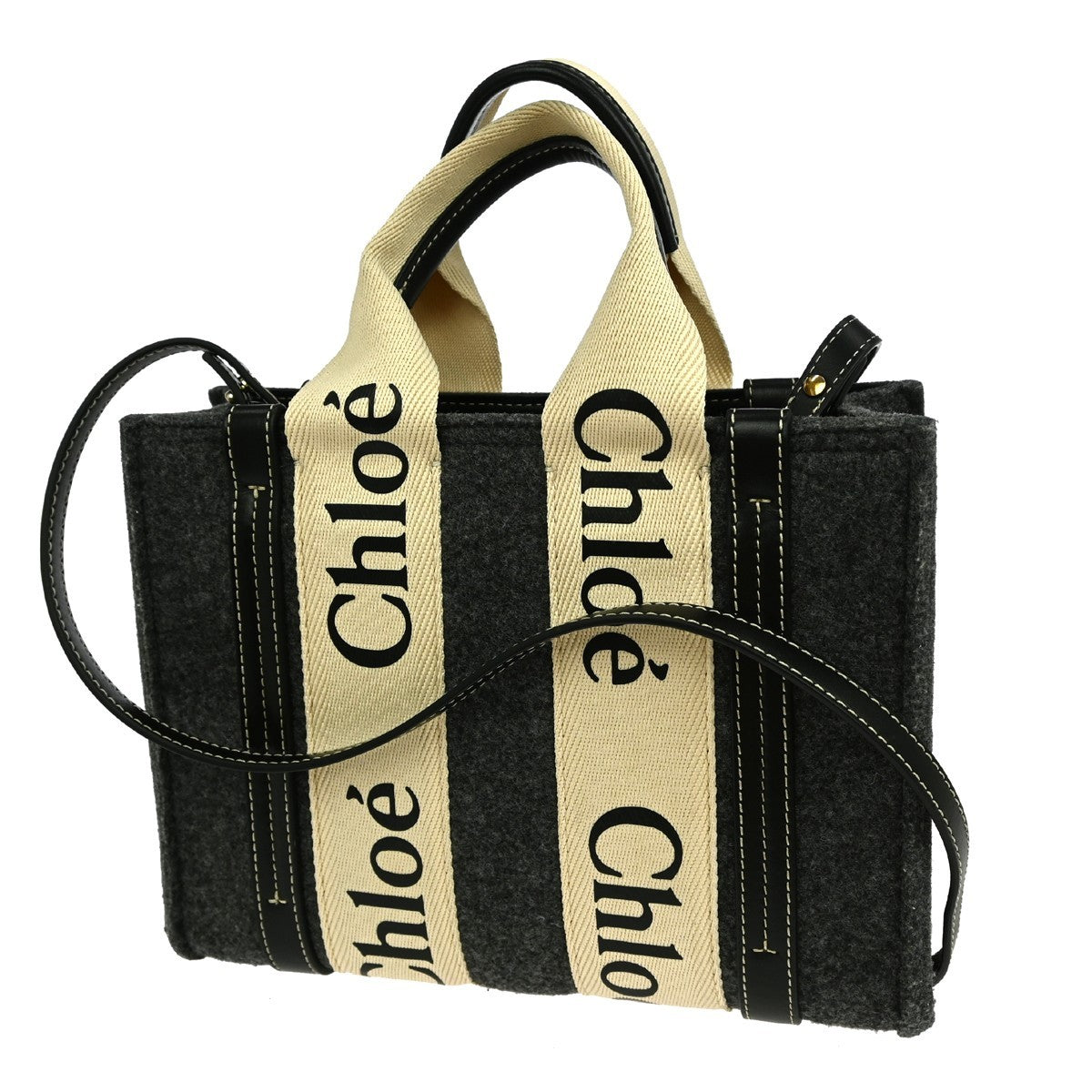 Chloe Woody Convertible Tote Recycled Felt with Leather and Canvas, GRAY, CANVAS, Tote bag