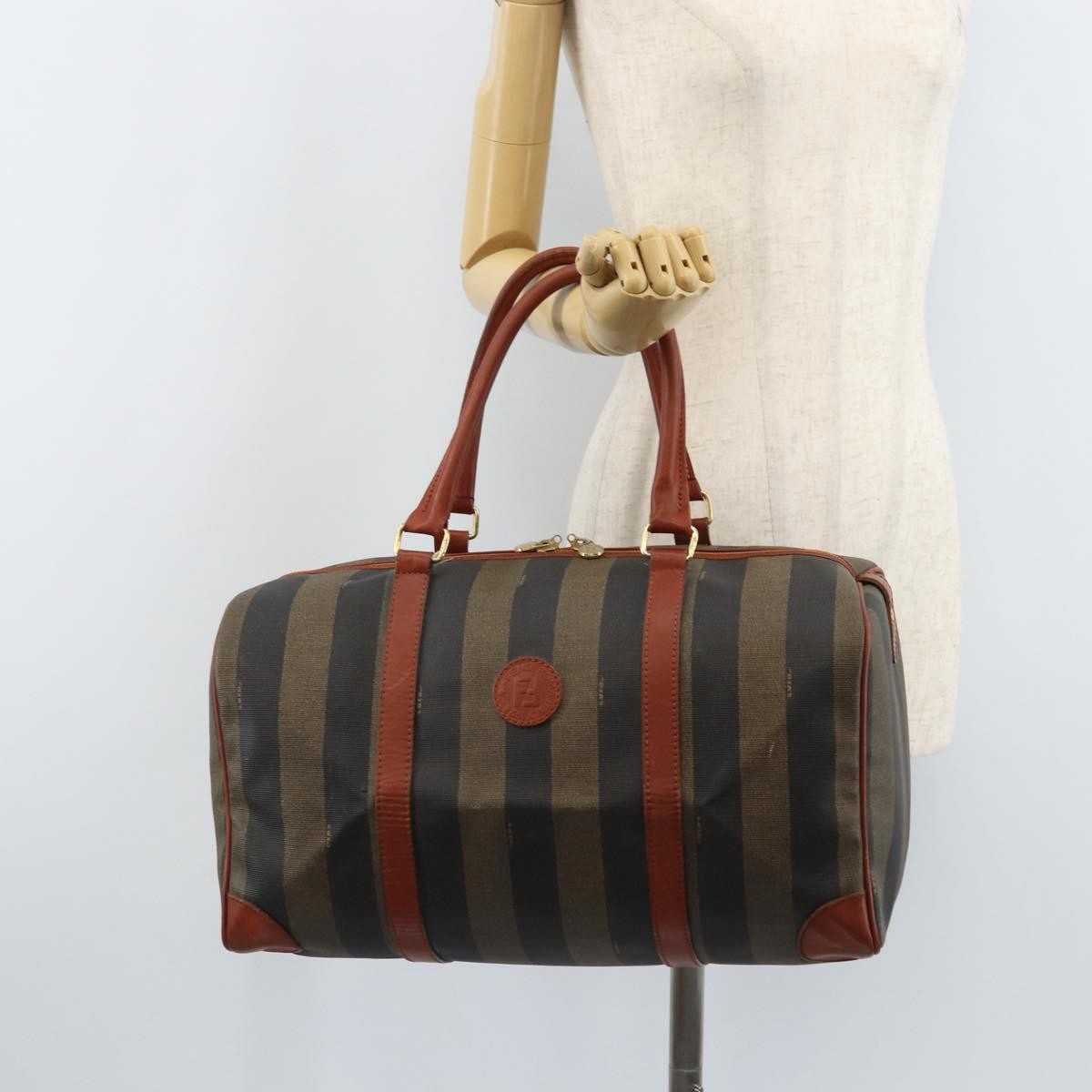 Fendi Vintage Pequin Boston Bag Coated Canvas, Brown, Canvas, Travel Bag