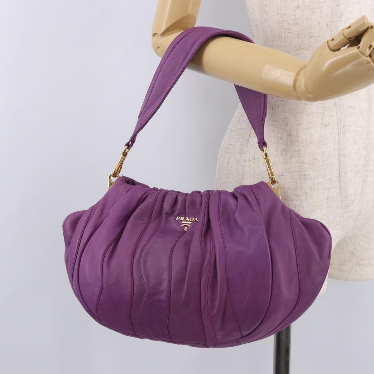 Prada Pleats Shoulder Bag Cervo Leather, Purple, Leather, Handbag