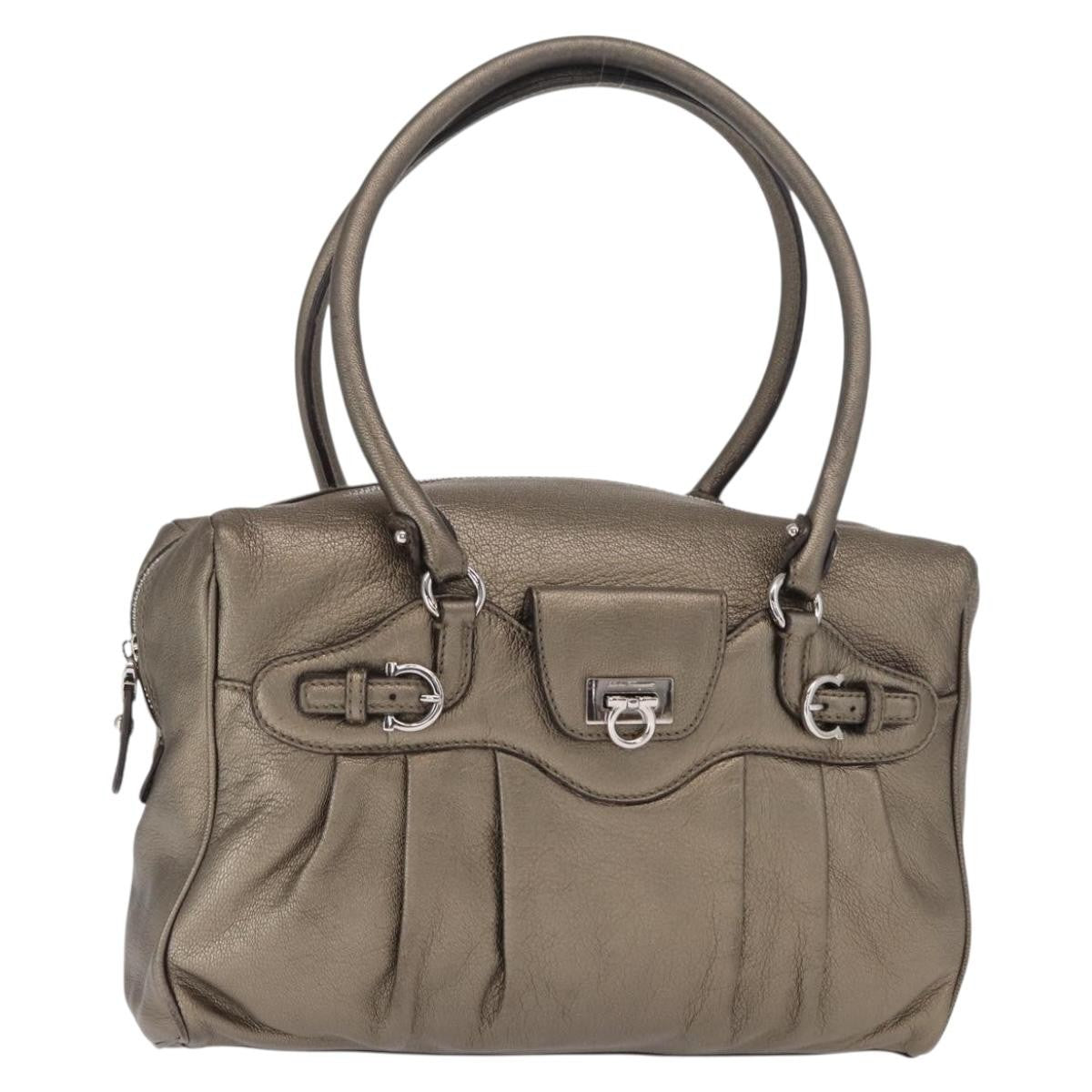 Salvatore Ferragamo Gancini Buckle Shoulder Bag Leather, GOLD, LEATHER, Handbag