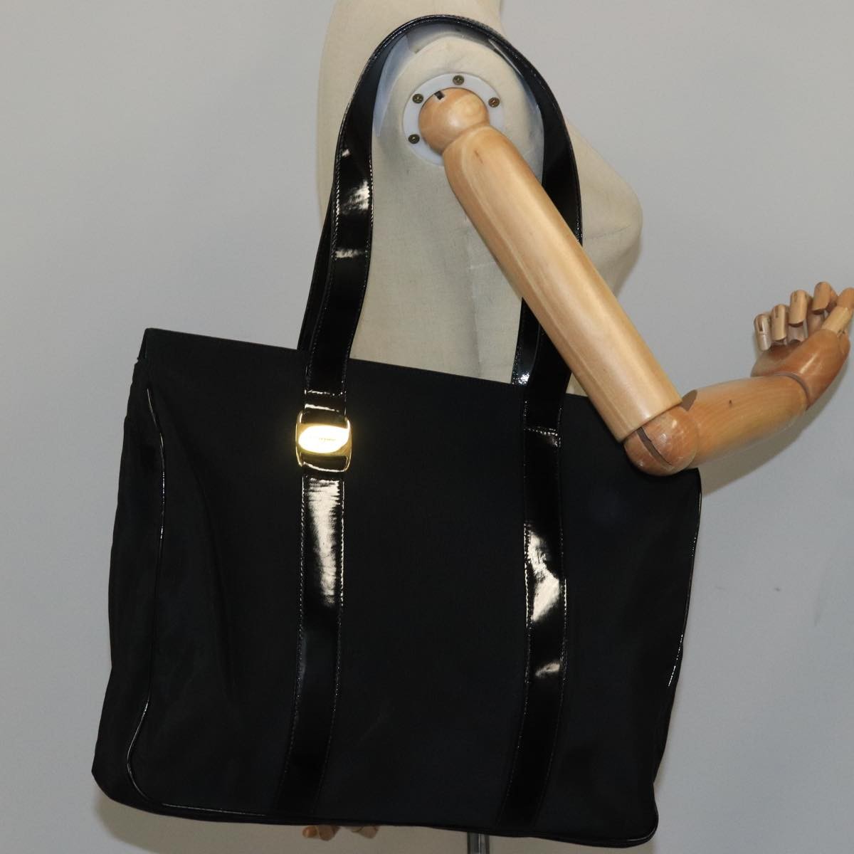 Salvatore Ferragamo Vala Canvas, BLACK, CANVAS, Tote bag