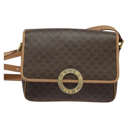 Celine Vintage Macadam Circle Logo Shoulder Bag Canvas and Leather, Brown, Canvas, Shoulder Bag