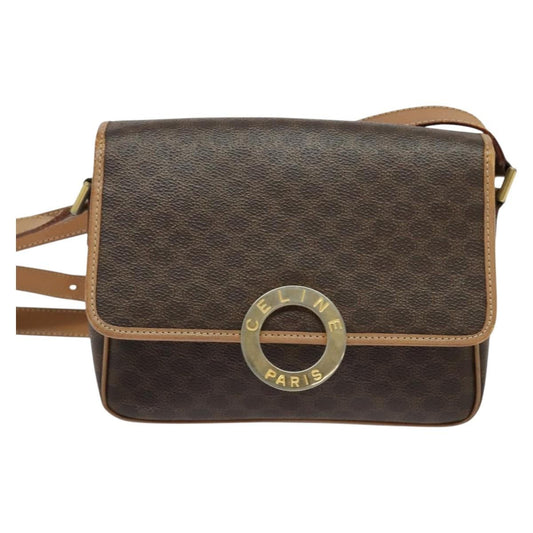 Celine Vintage Macadam Circle Logo Shoulder Bag Canvas and Leather, Brown, Canvas, Shoulder Bag