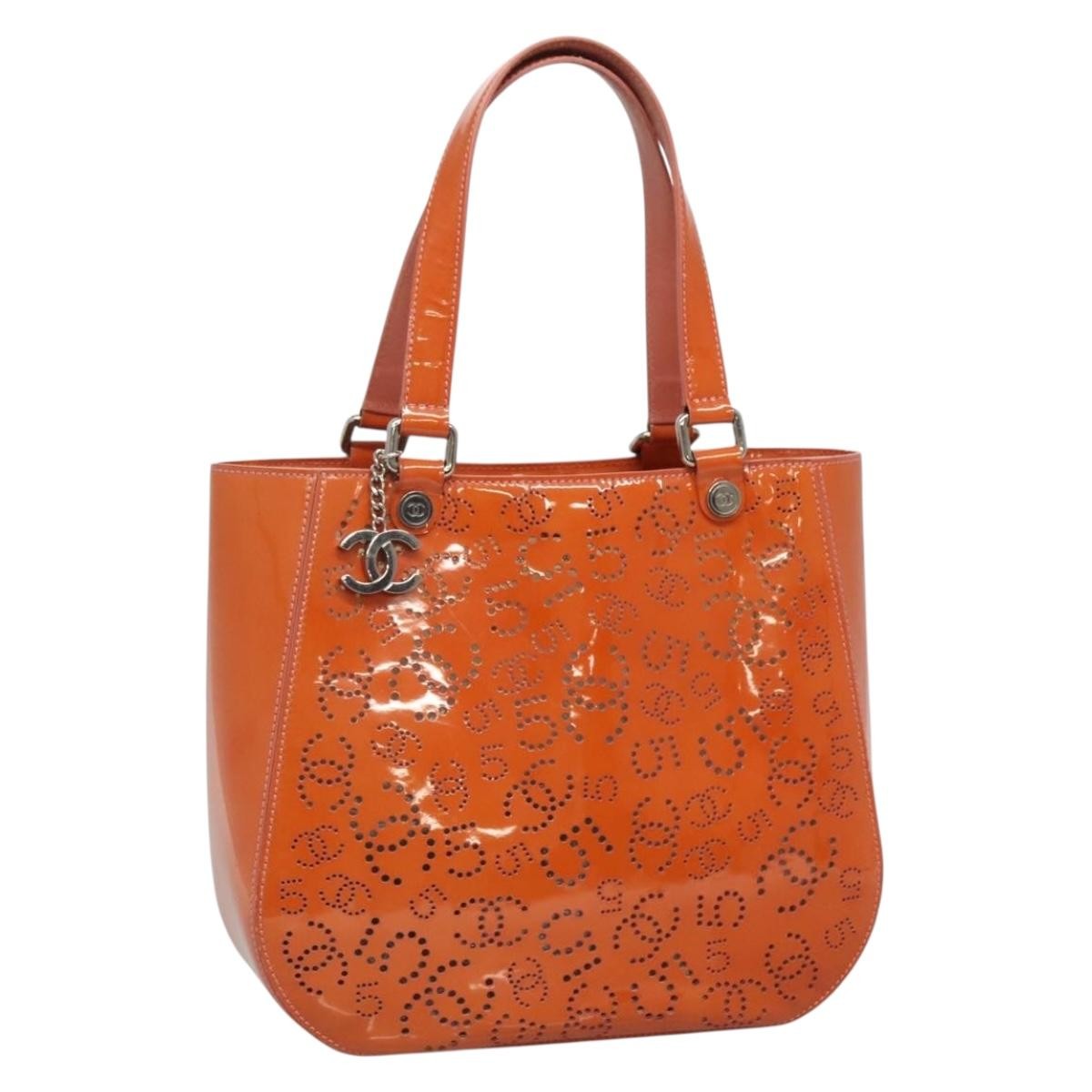 Chanel CC No.5 Shopping Tote Perforated Patent, Orange, Patent Leather, Tote Bag