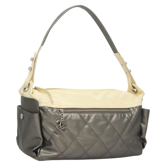 Chanel Biarritz Hobo Quilted Coated Canvas, SILVER, CANVAS, Shoulder bag
