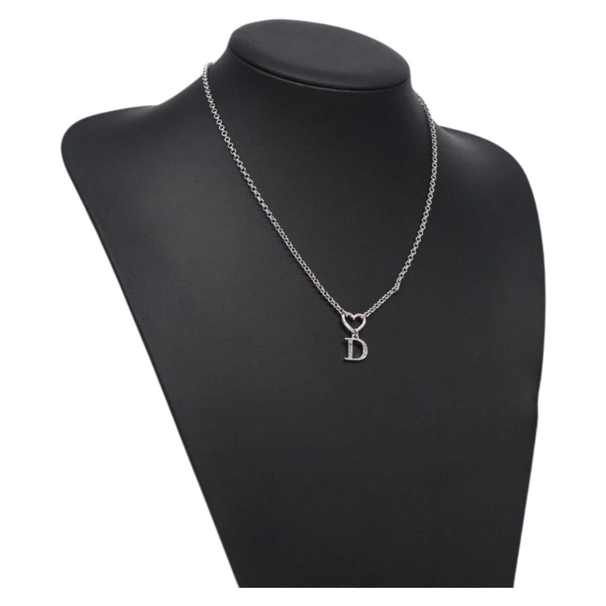Christian Dior Vintage D Logo & Heart Charm Necklace Metal with Crystals, SILVER, METAL, Necklace