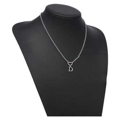 Christian Dior Vintage D Logo & Heart Charm Necklace Metal with Crystals, SILVER, METAL, Necklace
