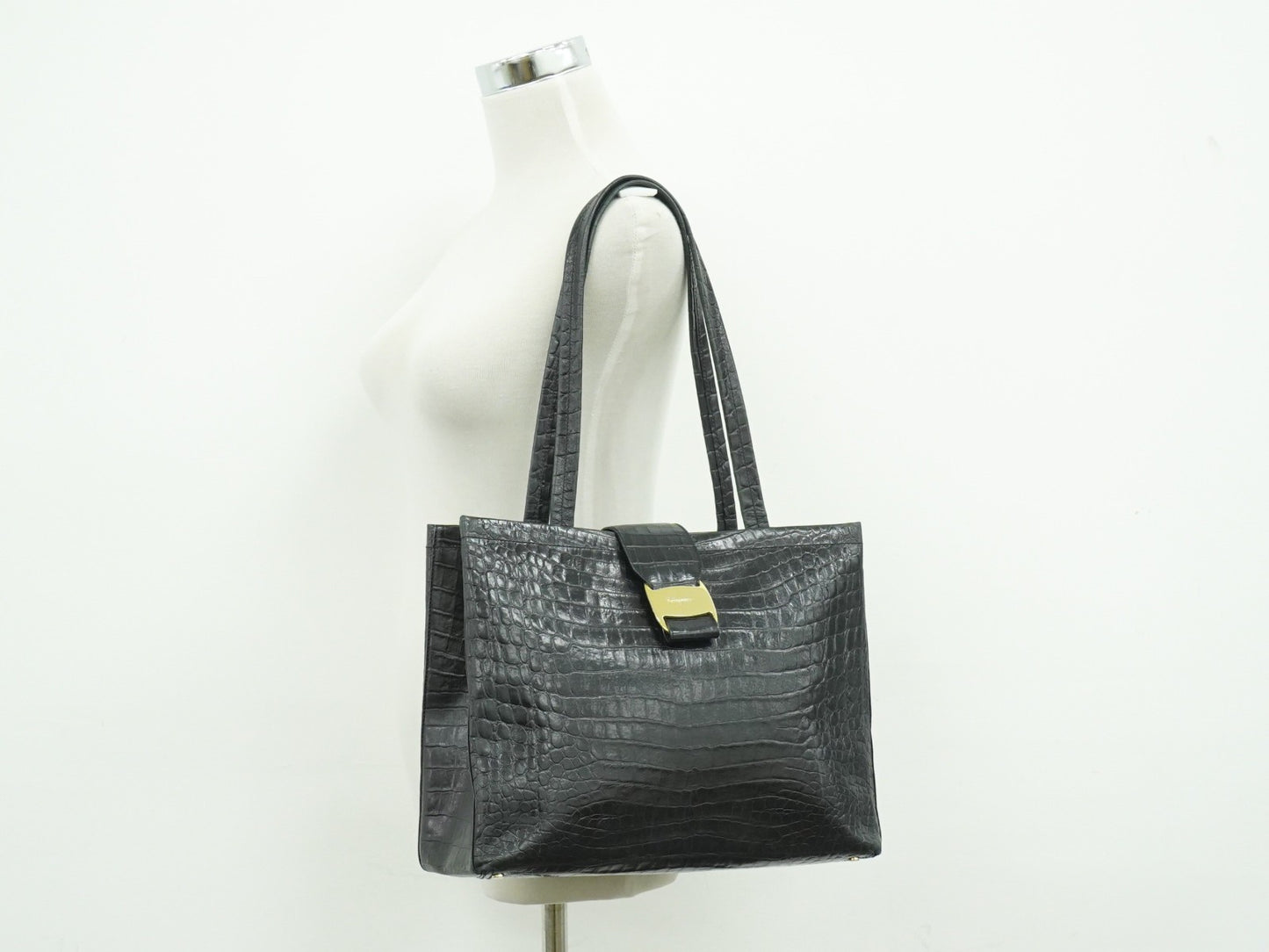 Salvatore Ferragamo Vara Tote Embossed Leather, BLACK, LEATHER, Tote bag