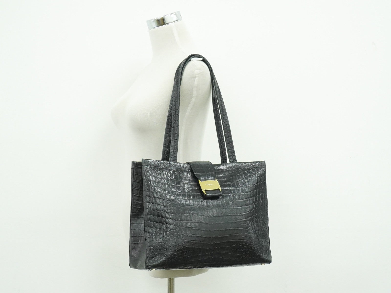 Salvatore Ferragamo Vara Tote Embossed Leather, BLACK, LEATHER, Tote bag
