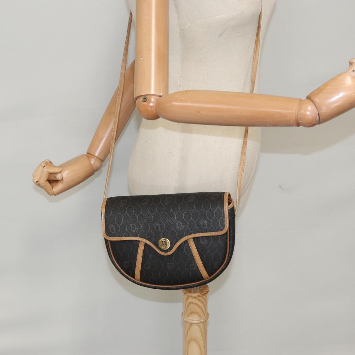 Christian Dior Vintage Honeycomb Flap Crossbody Bag Coated Canvas, BLACK, CANVAS, Crossbody bag