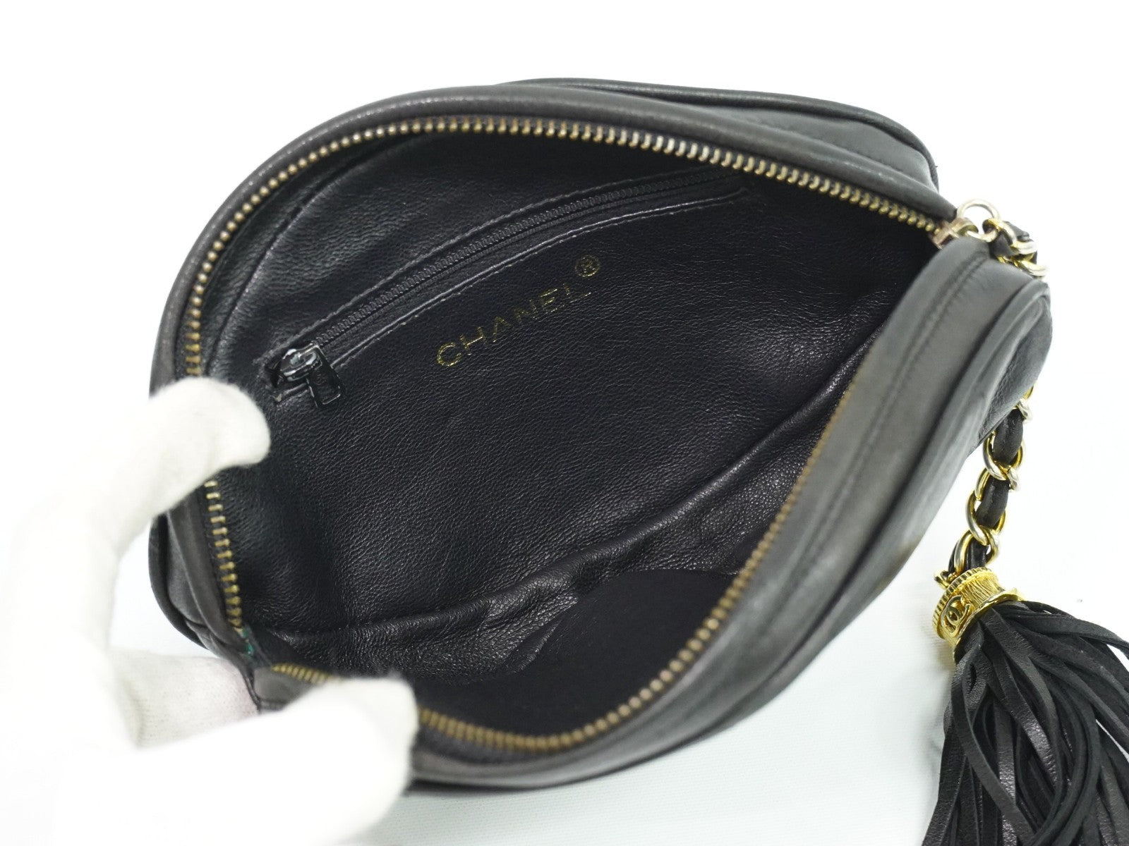 Chanel Vintage Diamond CC Tassel Clutch Quilted Lambskin, BLACK, LEATHER, Clutche & pouche