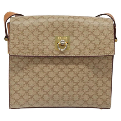 Celine Vintage Macadam Shoulder Bag Canvas and Leather, Beige, Canvas, Shoulder Bag