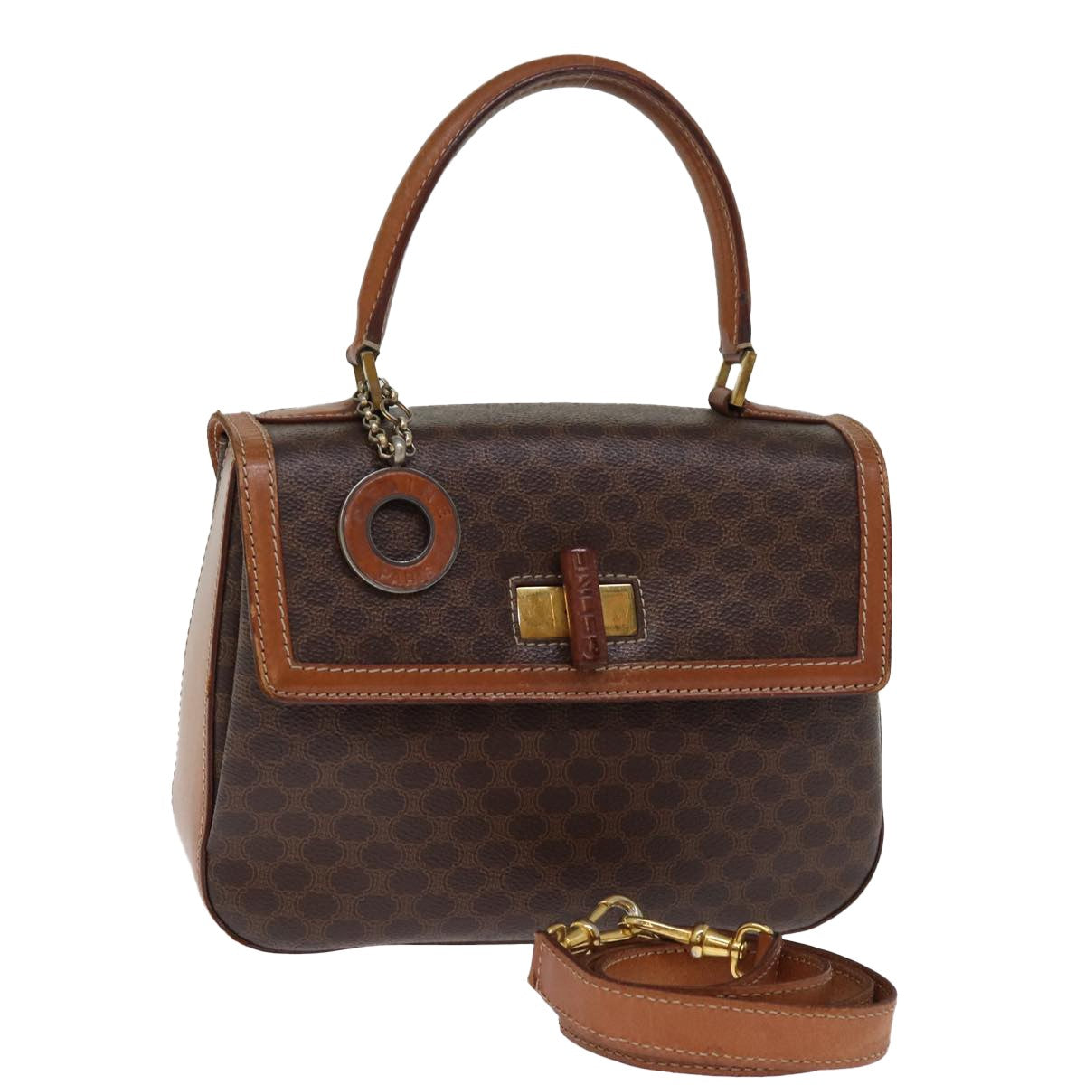 Celine Vintage Convertible Top Handle Bag Macadam Coated Canvas, BROWN, CANVAS, Handbag