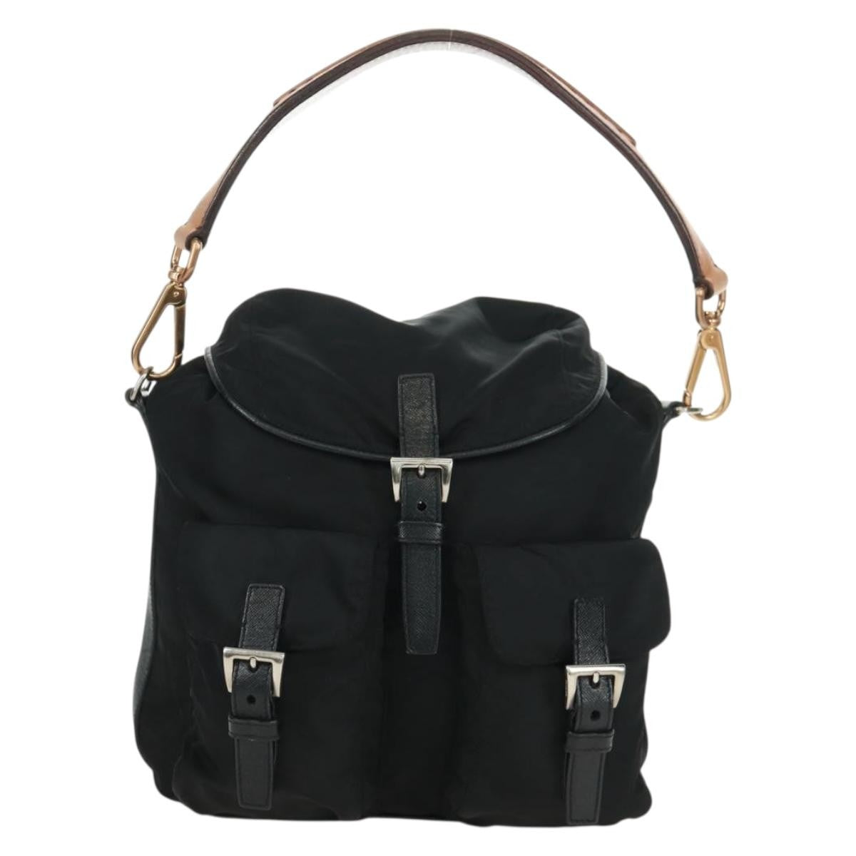 Prada Double Pocket Drawstring Shoulder Bag Tessuto, Black, Nylon, Shoulder Bag