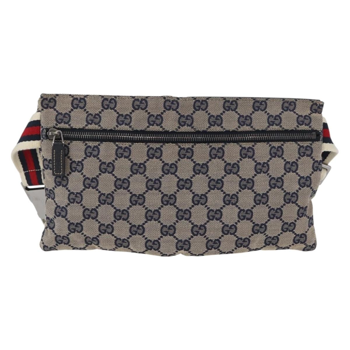Gucci Vintage Double Belt Bag GG Canvas with Leather, NAVY, CANVAS, Clutche & pouche