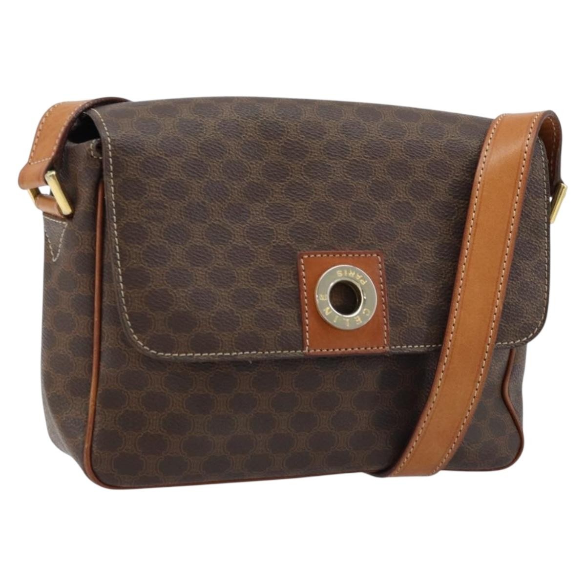 Celine Vintage Macadam Circle Logo Shoulder Bag Canvas and Leather, BROWN, CANVAS, Shoulder bag