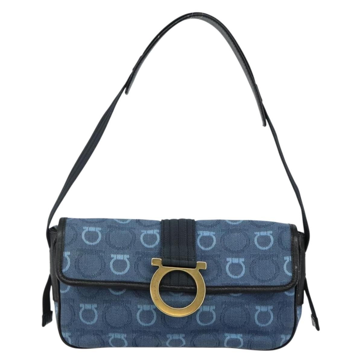 Salvatore Ferragamo Gancini Shoulder Bag Canvas, NAVY, CANVAS, Shoulder bag