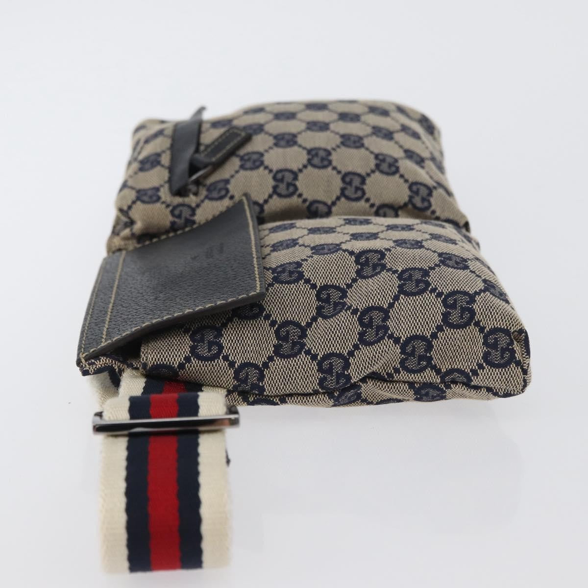 Gucci Vintage Double Belt Bag GG Canvas with Leather, NAVY, CANVAS, Clutche & pouche