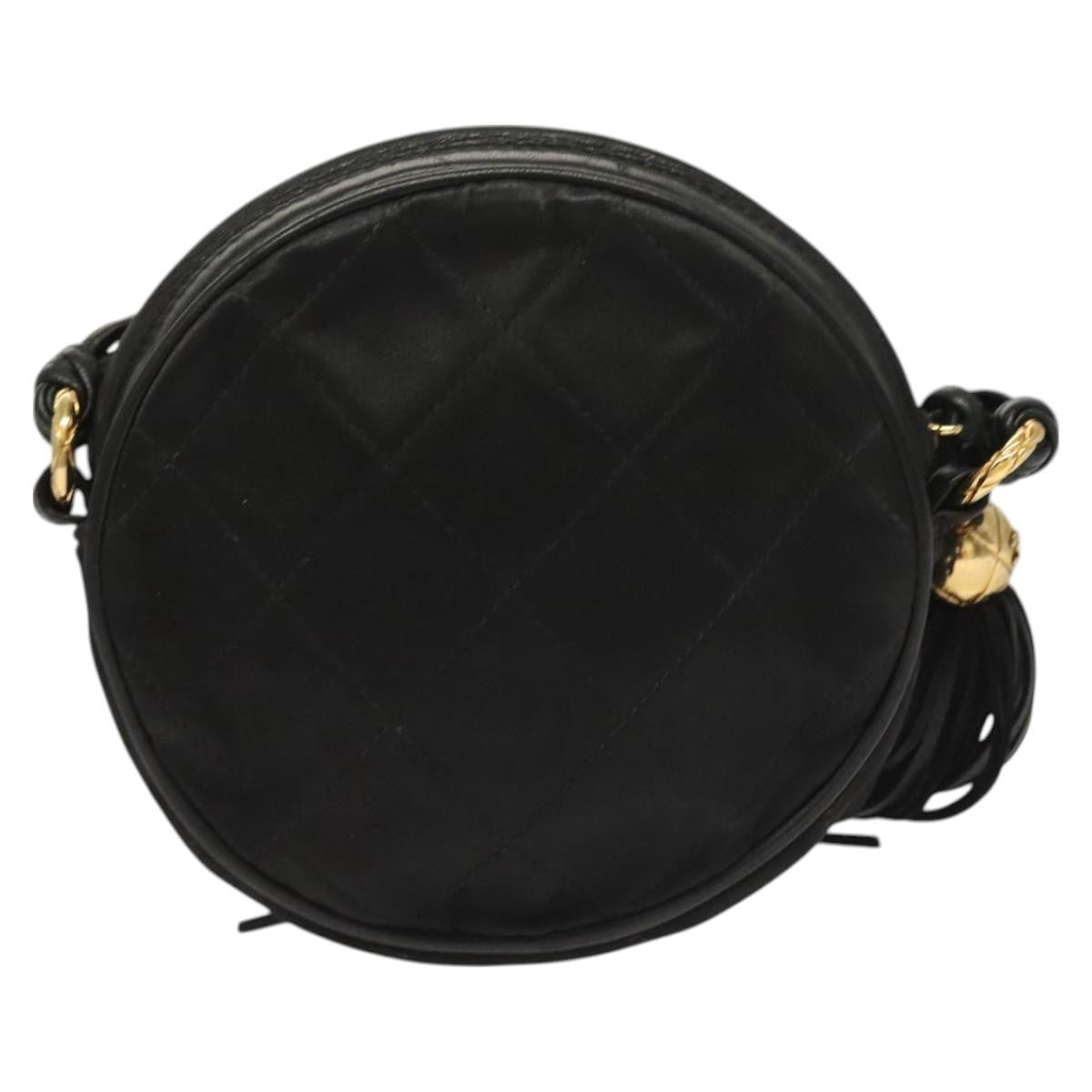 Chanel Vintage Round Tassel Crossbody Bag Quilted Satin, BLACK, SATIN, Shoulder bag