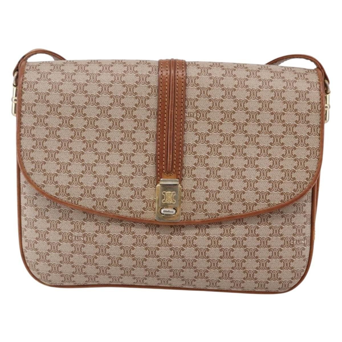 Celine Vintage Macadam Shoulder Bag Canvas and Leather, BEIGE, CANVAS, Shoulder bag