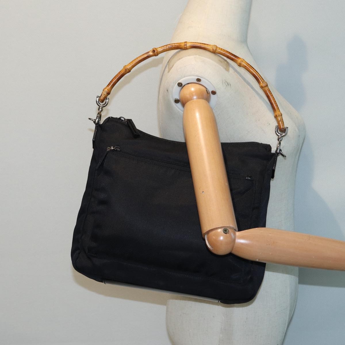 Gucci Vintage Bamboo Handle Bag Nylon, Black, Nylon, Handbag