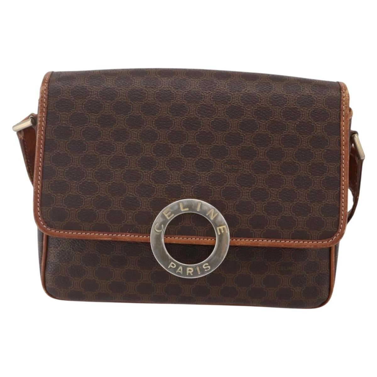 Celine Vintage Macadam Circle Logo Shoulder Bag Canvas and Leather, BROWN, CANVAS, Shoulder bag