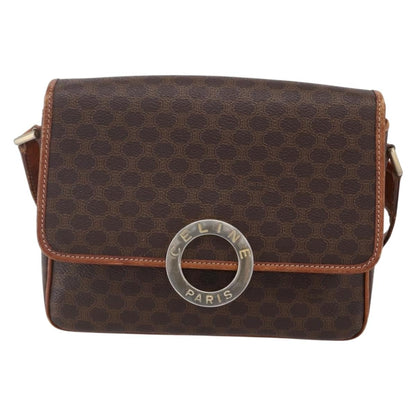 Celine Vintage Macadam Circle Logo Shoulder Bag Canvas and Leather, BROWN, CANVAS, Shoulder bag
