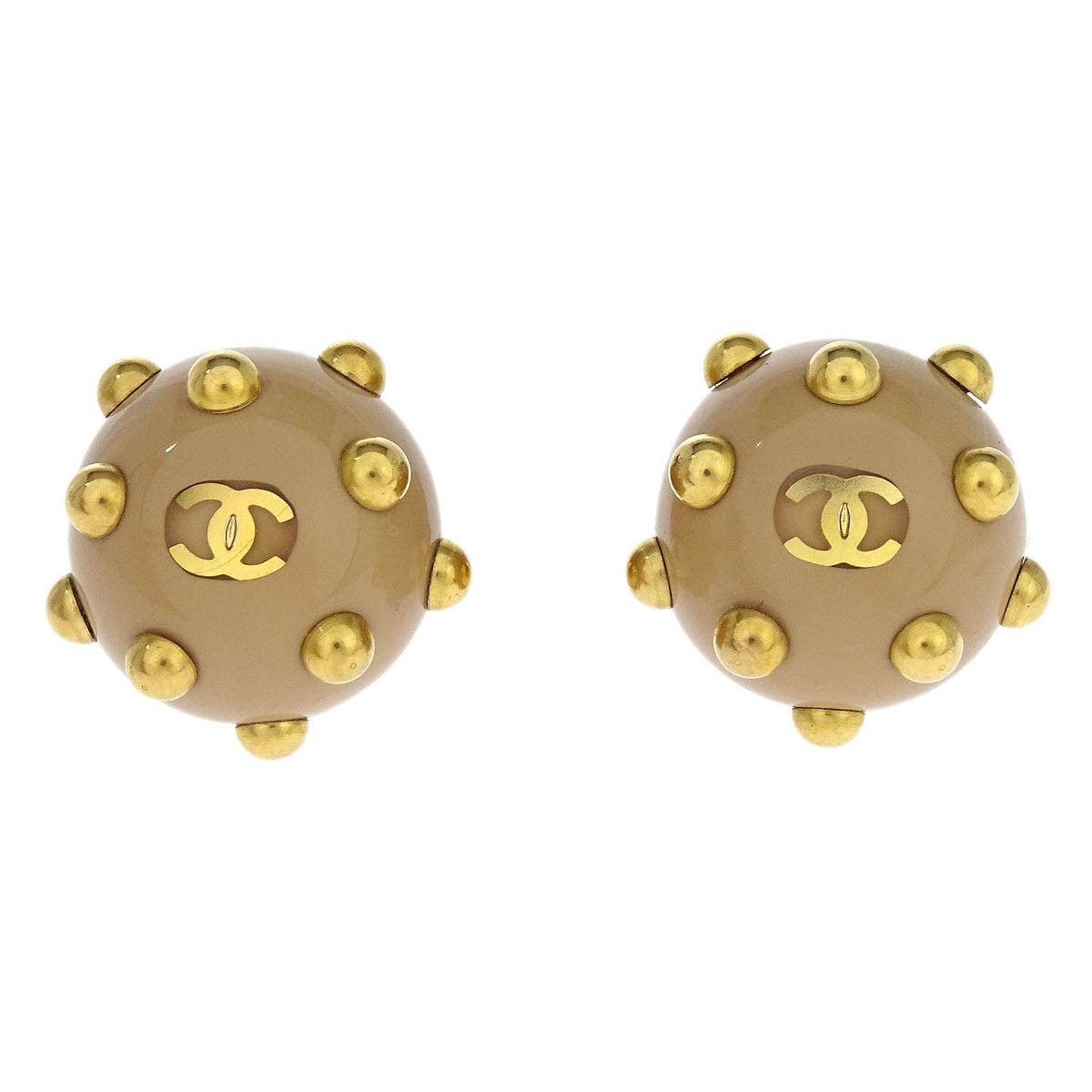 Chanel Vintage CC Round Cutout Clip-On Earrings Metal, BEIGE, GOLD_PLATED, Earrings