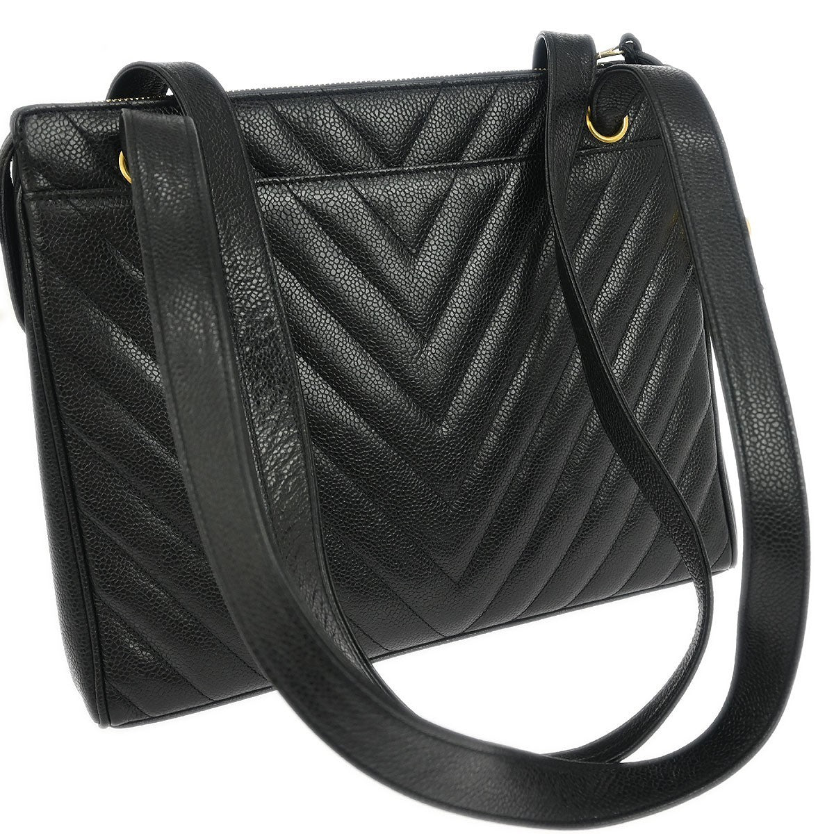 Chanel Vintage Zip Shoulder Bag Chevron Caviar, Black, Leather, Shoulder Bag