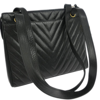 Chanel Vintage Zip Shoulder Bag Chevron Caviar, Black, Leather, Shoulder Bag
