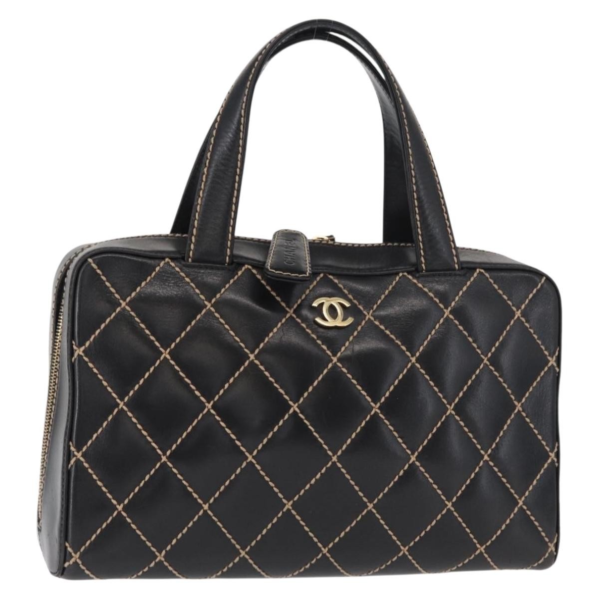 Chanel Surpique Boston Bag Quilted Leather, BLACK, LEATHER, Travel bag