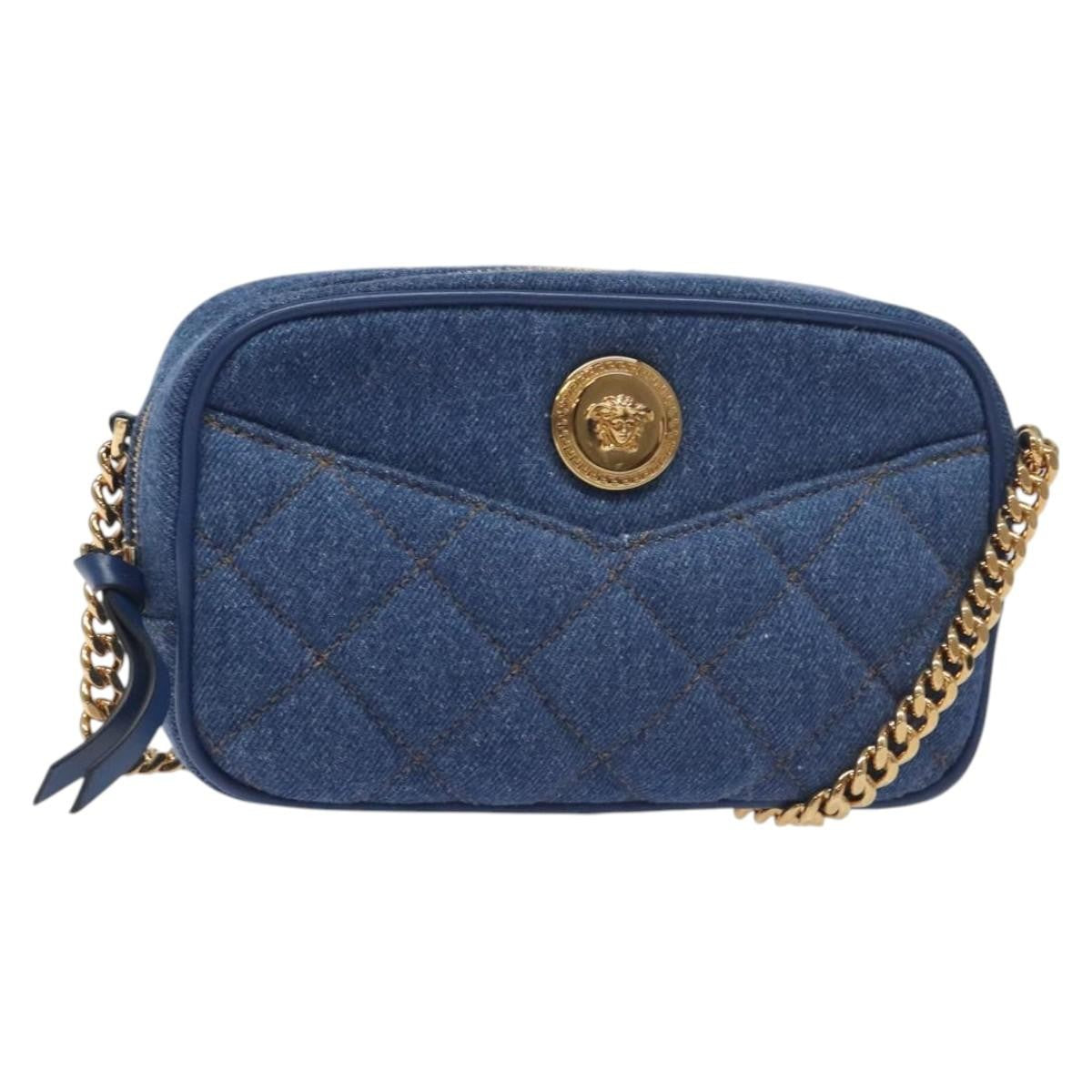 Versace Medusa Icon Front Slip Pocket Camera Bag Quilted Denim, BLUE, DENIM_JEANS, Crossbody bag