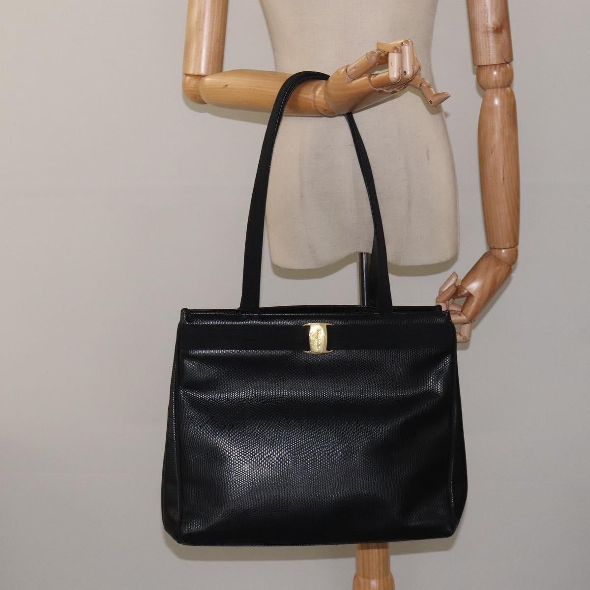 Salvatore Ferragamo Vintage Vara Bow Tote Lizard Embossed Leather, BLACK, LEATHER, Tote bag