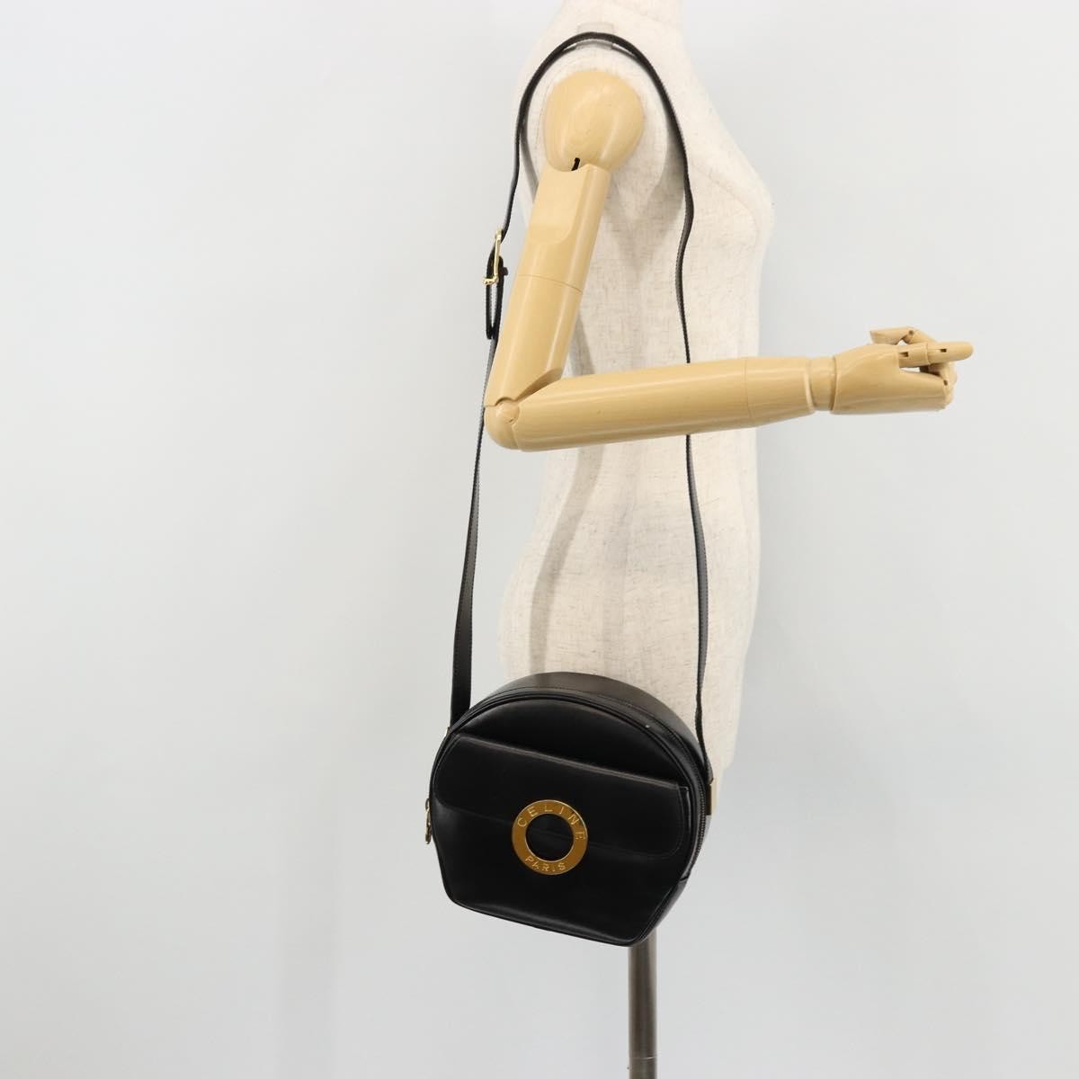 Celine Circle Logo Shoulder Bag Leather, Black, Leather, Shoulder Bag