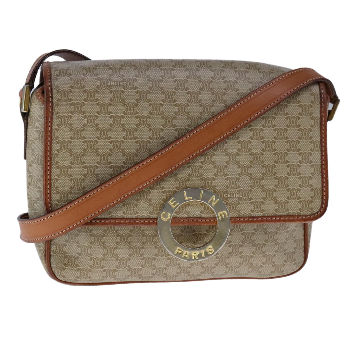 Celine Vintage Macadam Circle Logo Shoulder Bag Canvas and Leather, Beige, Canvas, Shoulder Bag