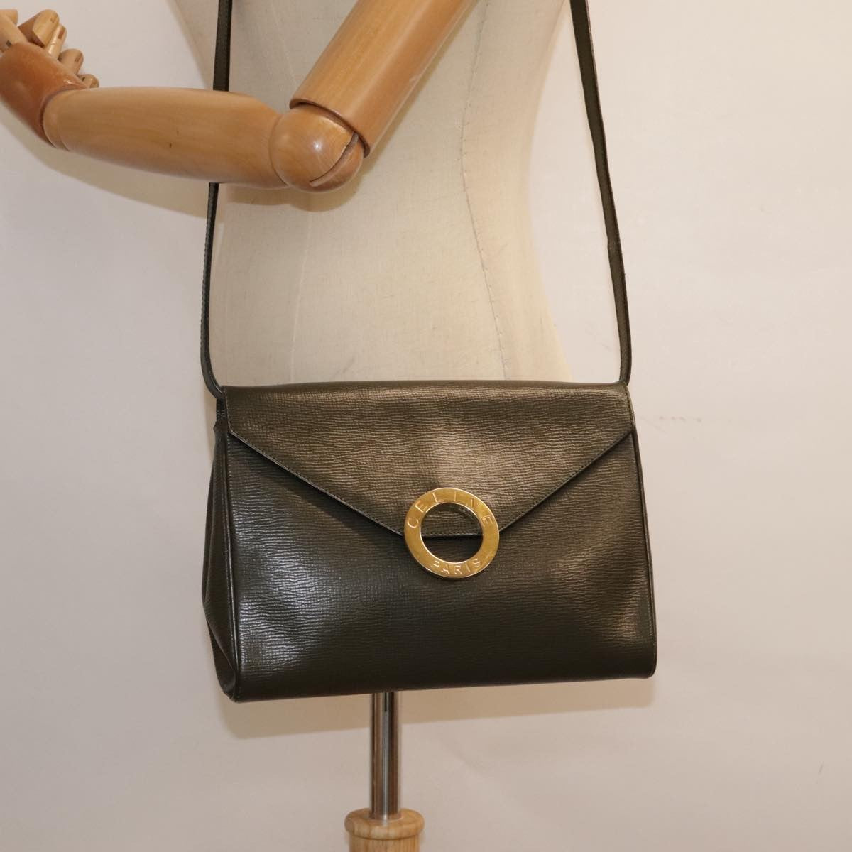 Celine Vintage Circle Logo Crossbody Bag Leather, KHAKI, LEATHER, Crossbody bag