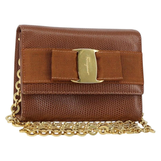 Salvatore Ferragamo Vala Shoulder Bag Embossed Leather, BROWN, LEATHER, Shoulder bag