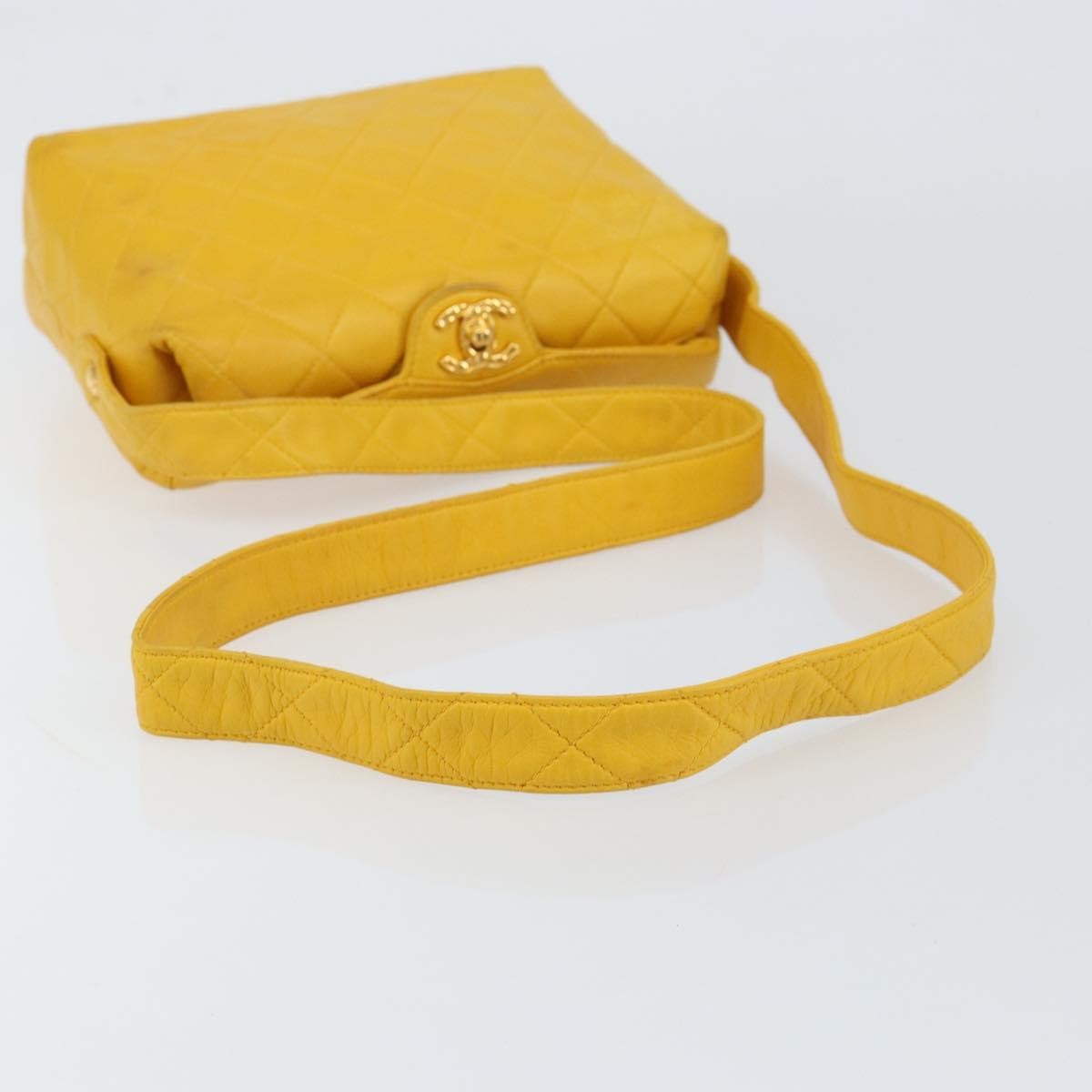 Chanel Vintage CC Fold Over Shoulder Bag Quilted Lambskin, YELLOW, LEATHER, Shoulder bag