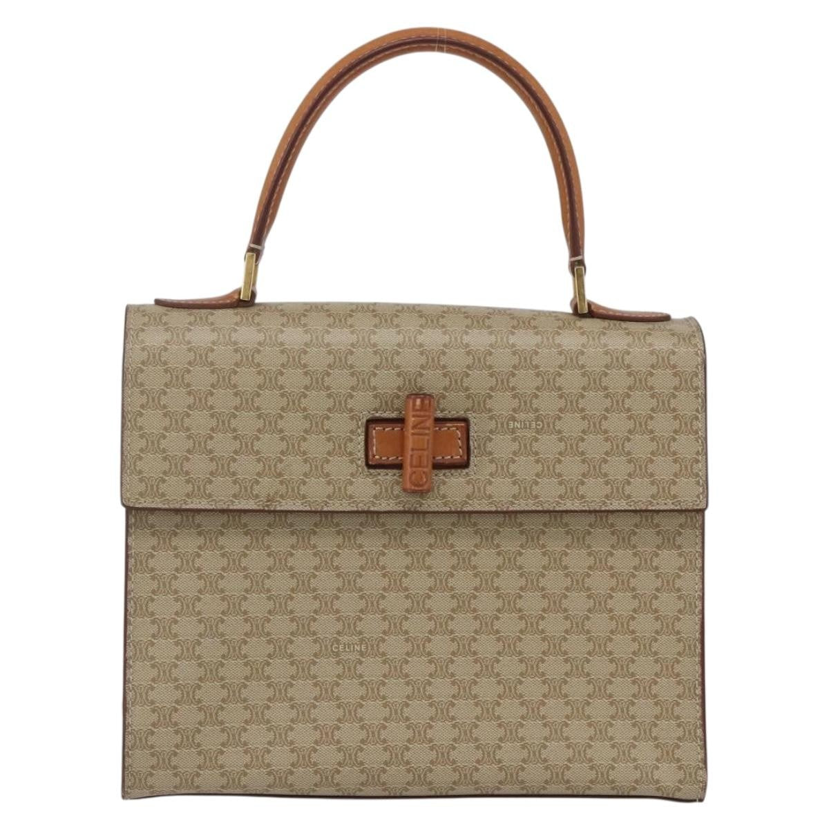 Celine Vintage Macadam Handbag Canvas and Leather, BEIGE, CANVAS, Handbag
