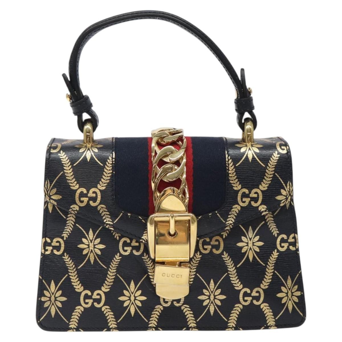 Gucci Sylvie Top Handle Bag Printed Leather, NAVY, LEATHER, Handbag