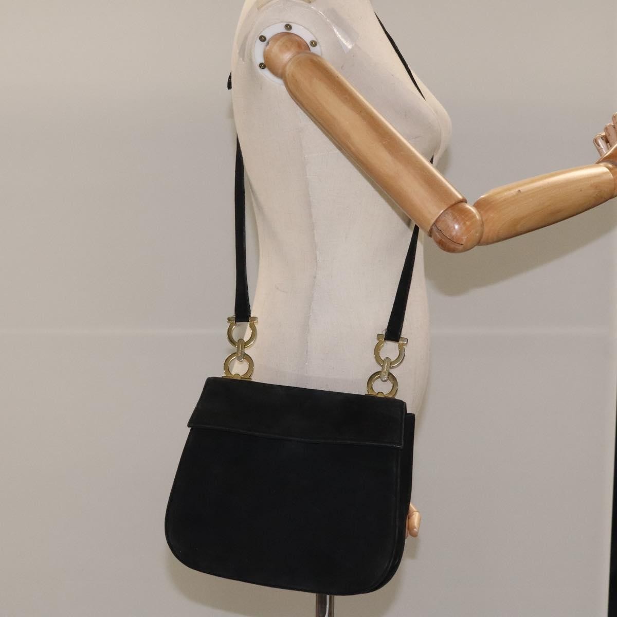 Salvatore Ferragamo Gancini Shoulder Bag Suede, BLACK, SUEDE, Shoulder bag