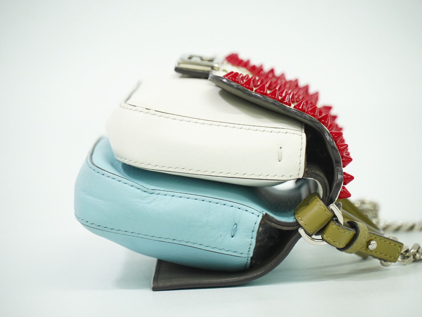 Fendi Double Baguette Embroidered Studded Leather, WHITE, LEATHER, Shoulder bag
