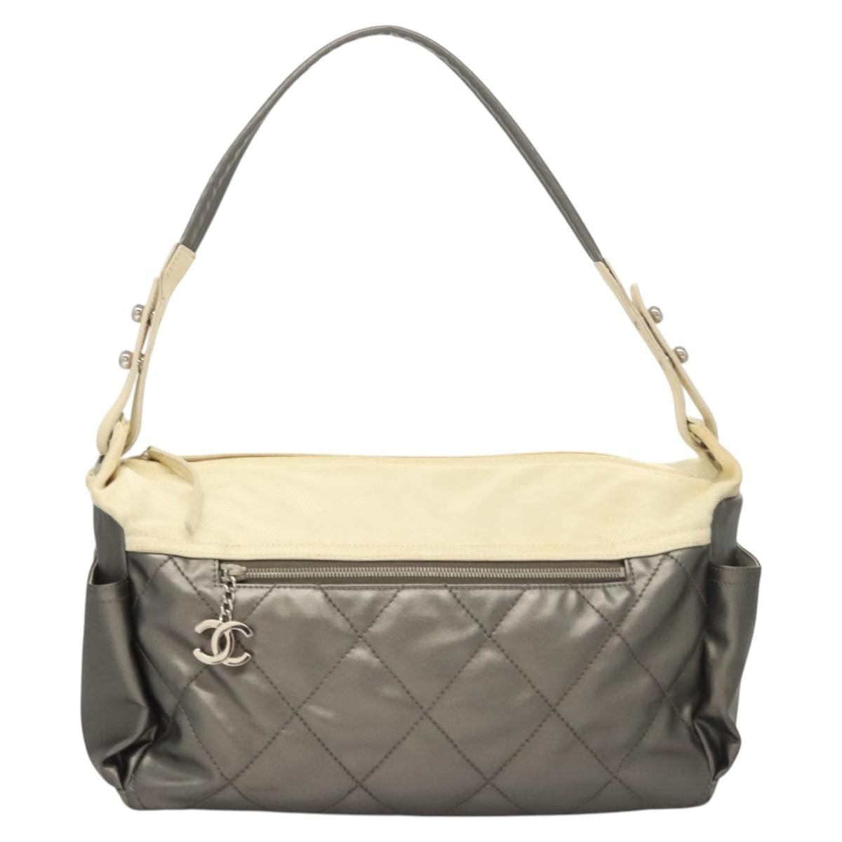 Chanel Biarritz Hobo Quilted Coated Canvas, SILVER, CANVAS, Shoulder bag