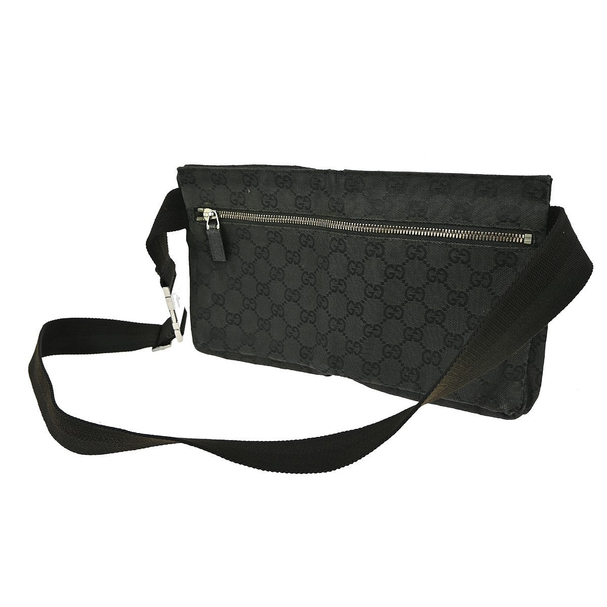 Gucci Vintage Double Belt Bag GG Canvas with Leather, BLACK, CANVAS, Shoulder bag