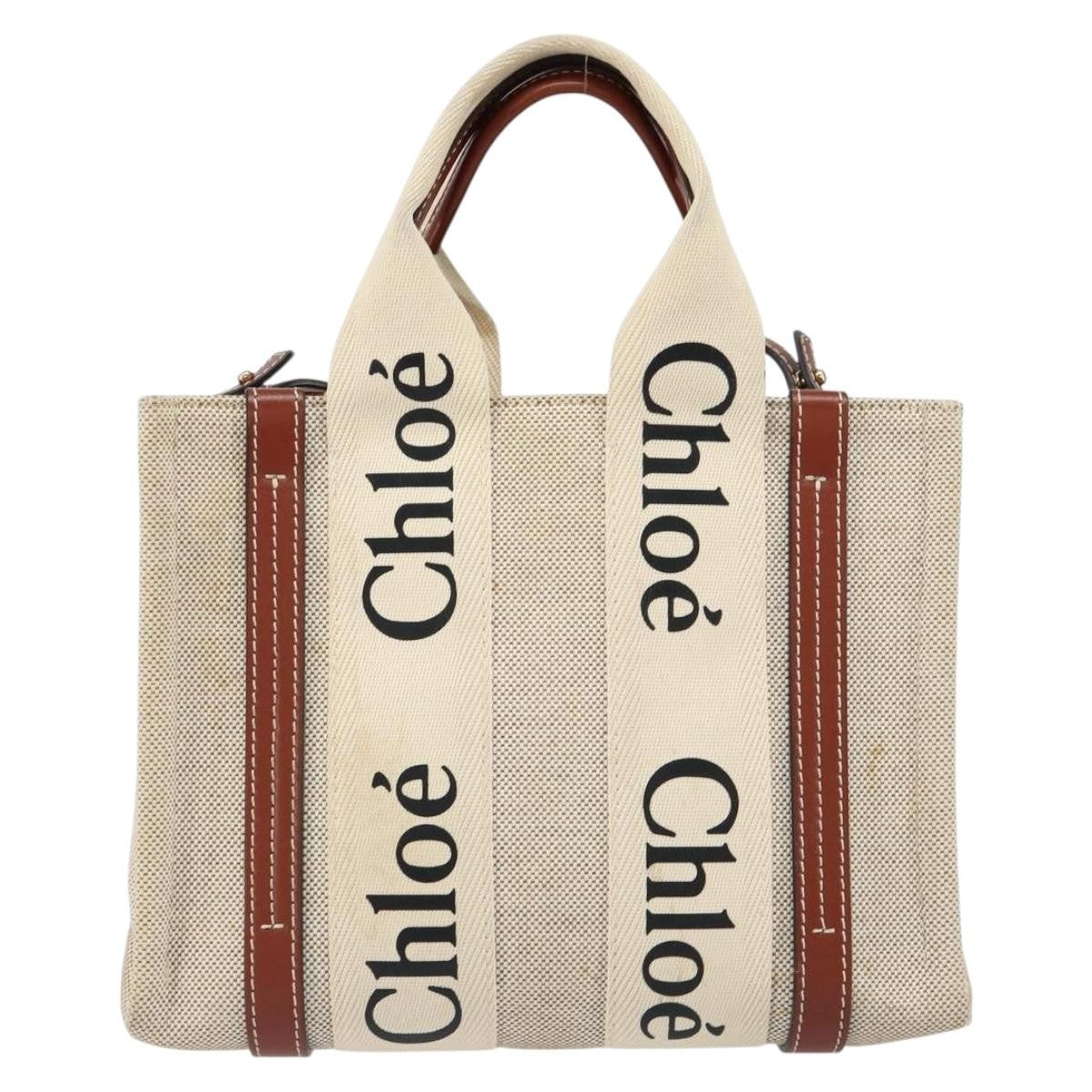 Chloe Woody Convertible Tote Canvas with Leather, BEIGE, CANVAS, Handbag