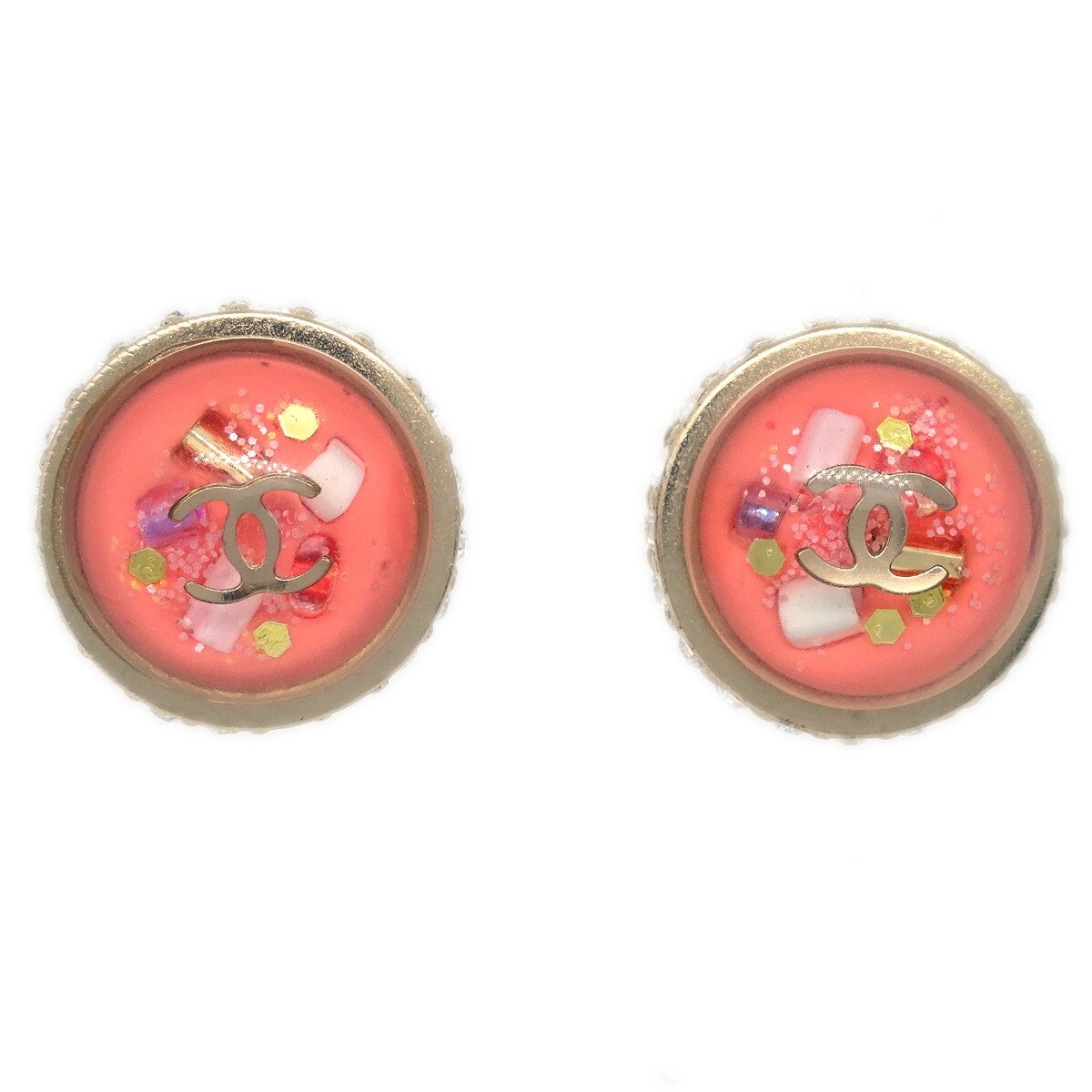 Chanel CC Logo Button Stud Earrings Metal with Crystals, Pink, Plastic, Earrings